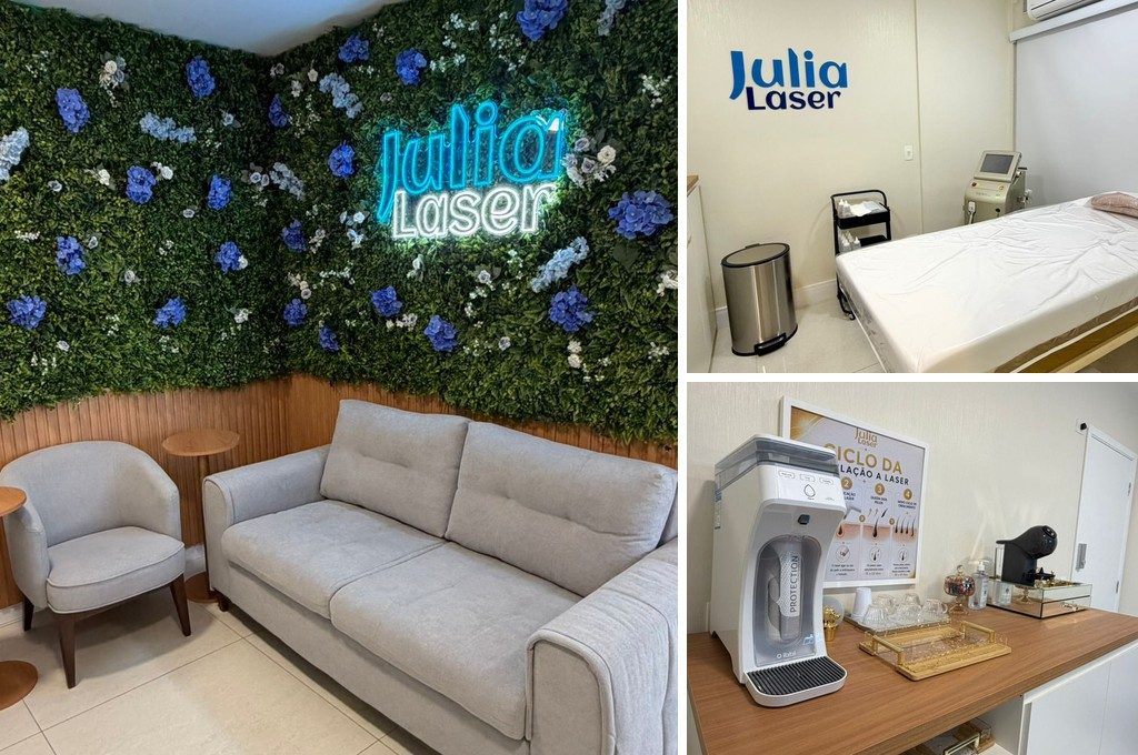 Unidade Vila Madalena da Julia Laser - recepção, sala de atendimento e espaço de espera